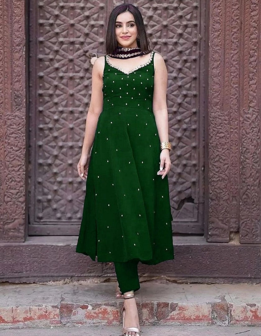 Green georgette sequence and pearl work gown