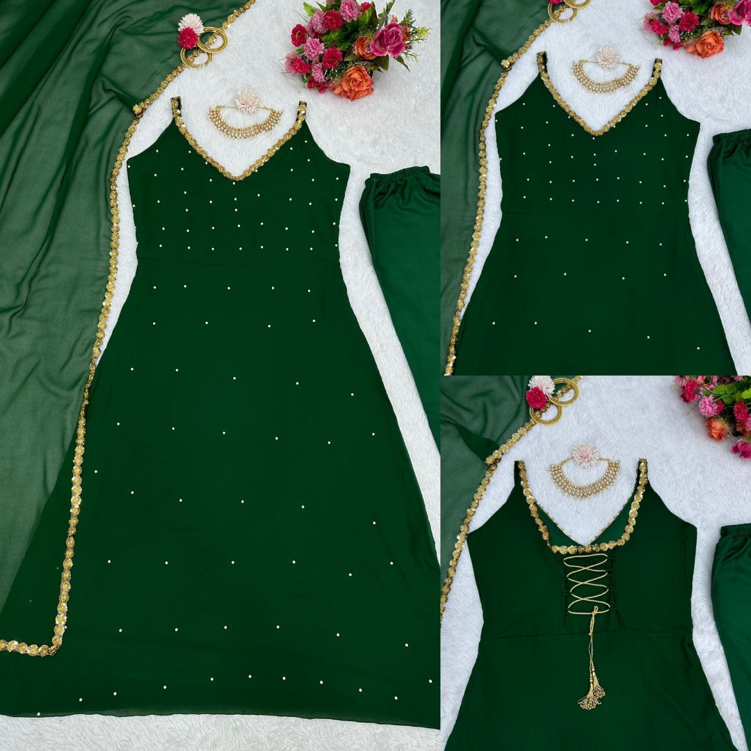 Green georgette sequence and pearl work gown
