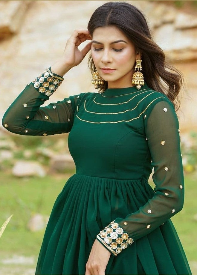 Green georgette sequence embroidered gown