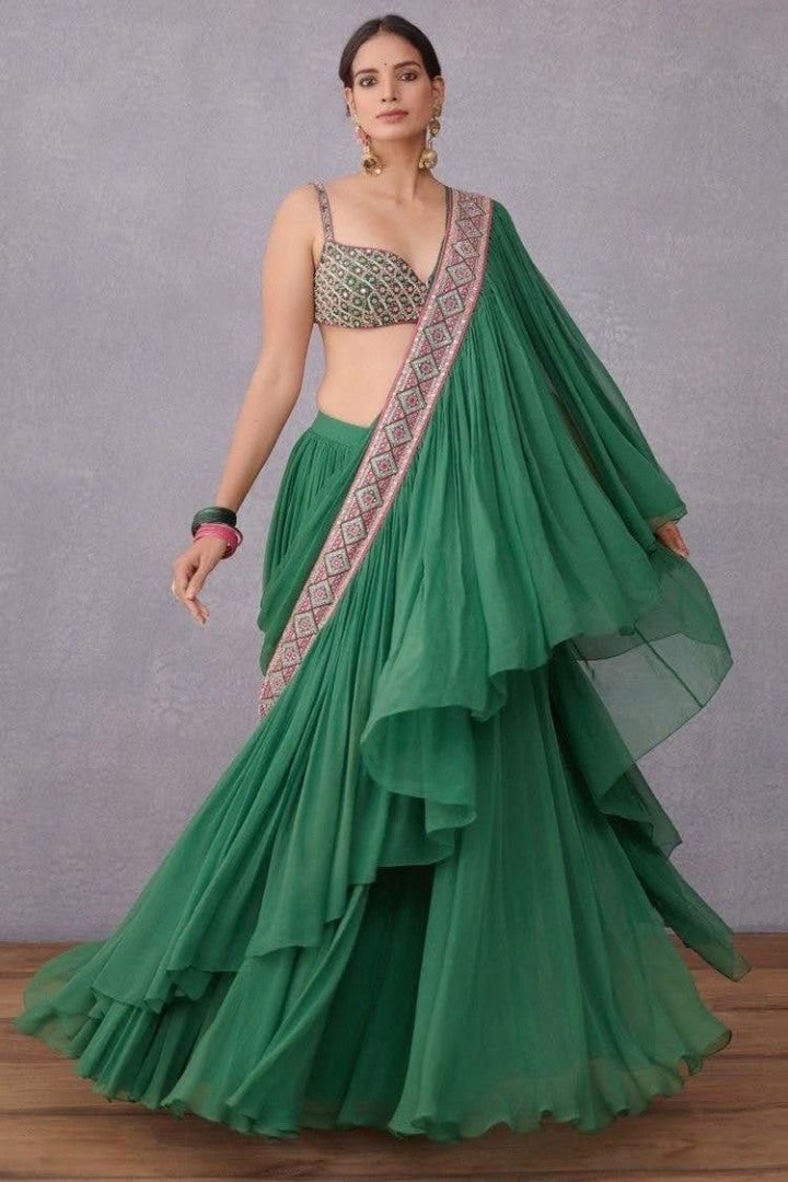 Green georgette sequence embroidery work ready to wear saree
