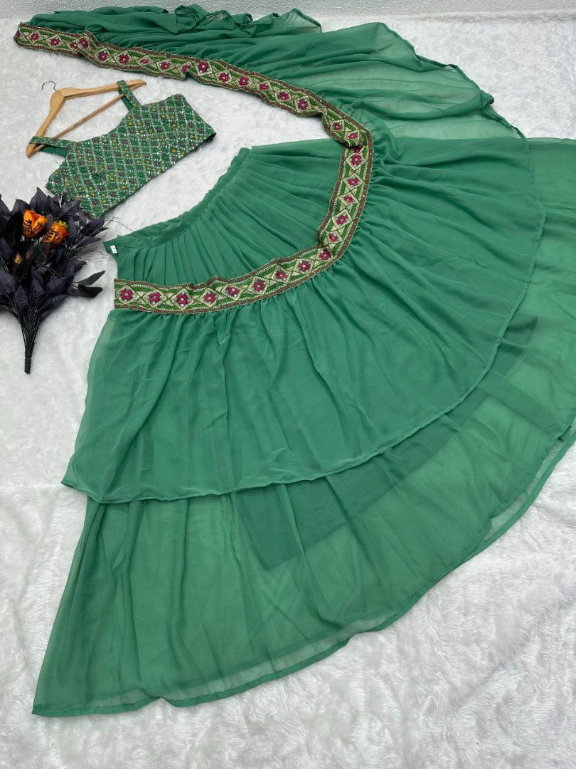 Green georgette sequence embroidery work ready to wear saree
