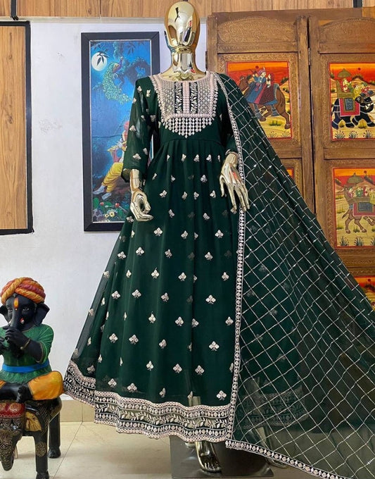 Green georgette sequence foil mirror work gown