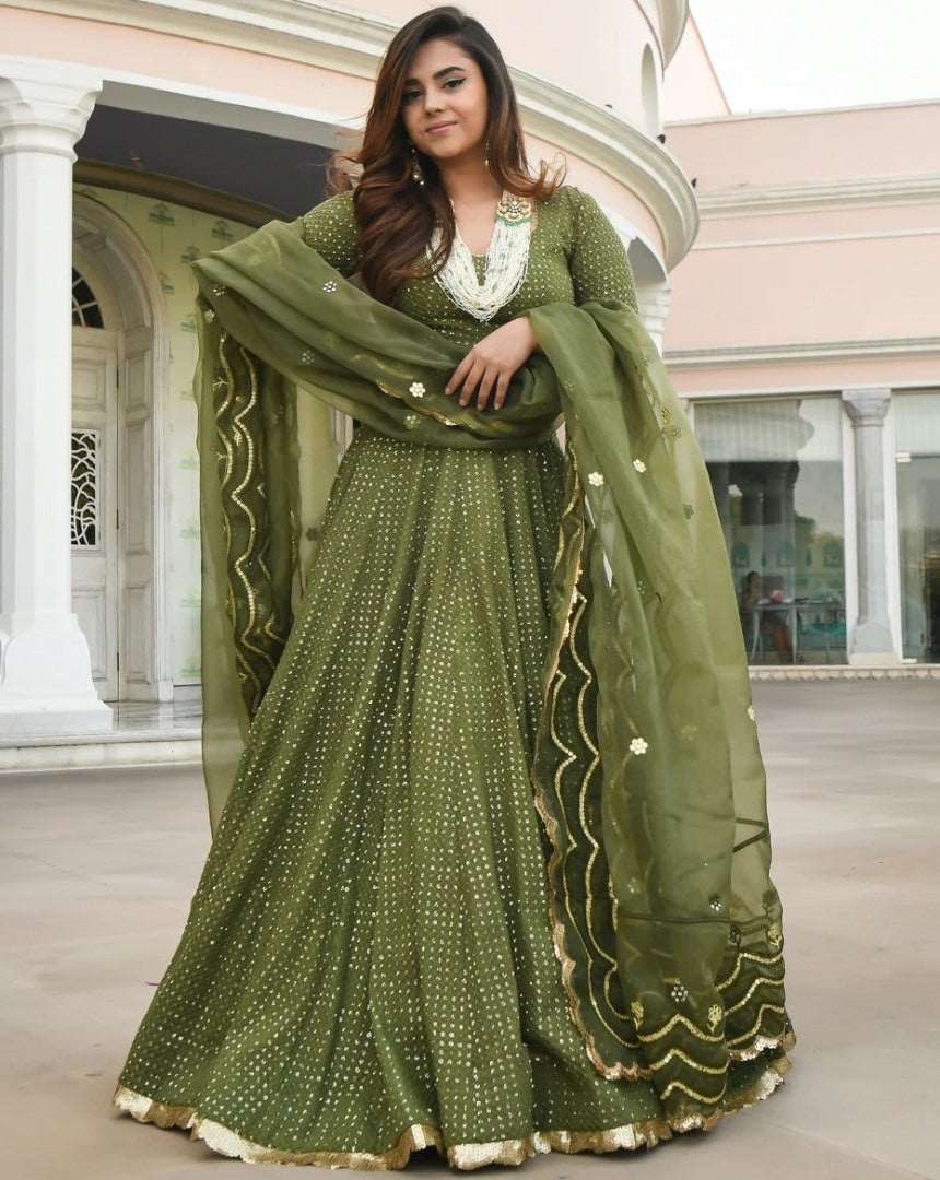 Green georgette thread and sequence work festive lehenga choli
