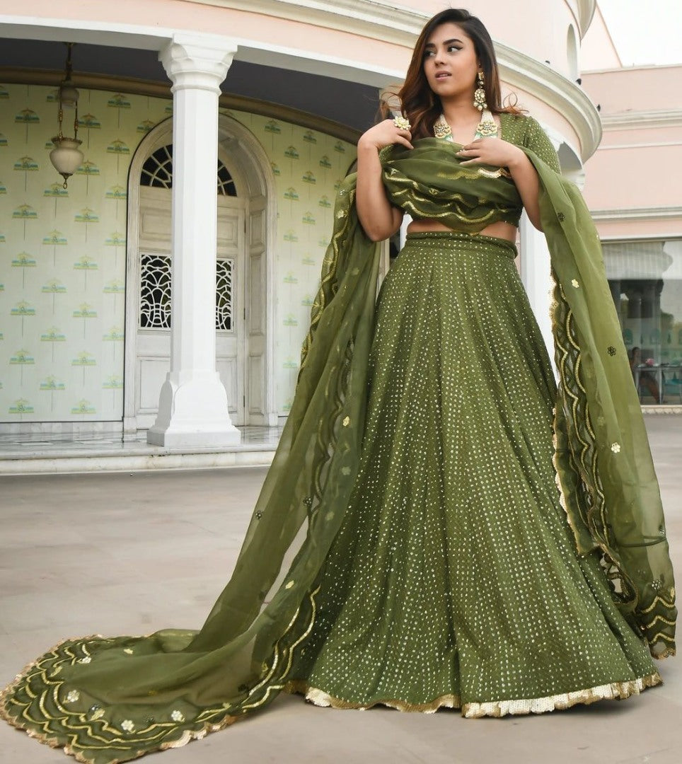 Green georgette thread and sequence work festive lehenga choli