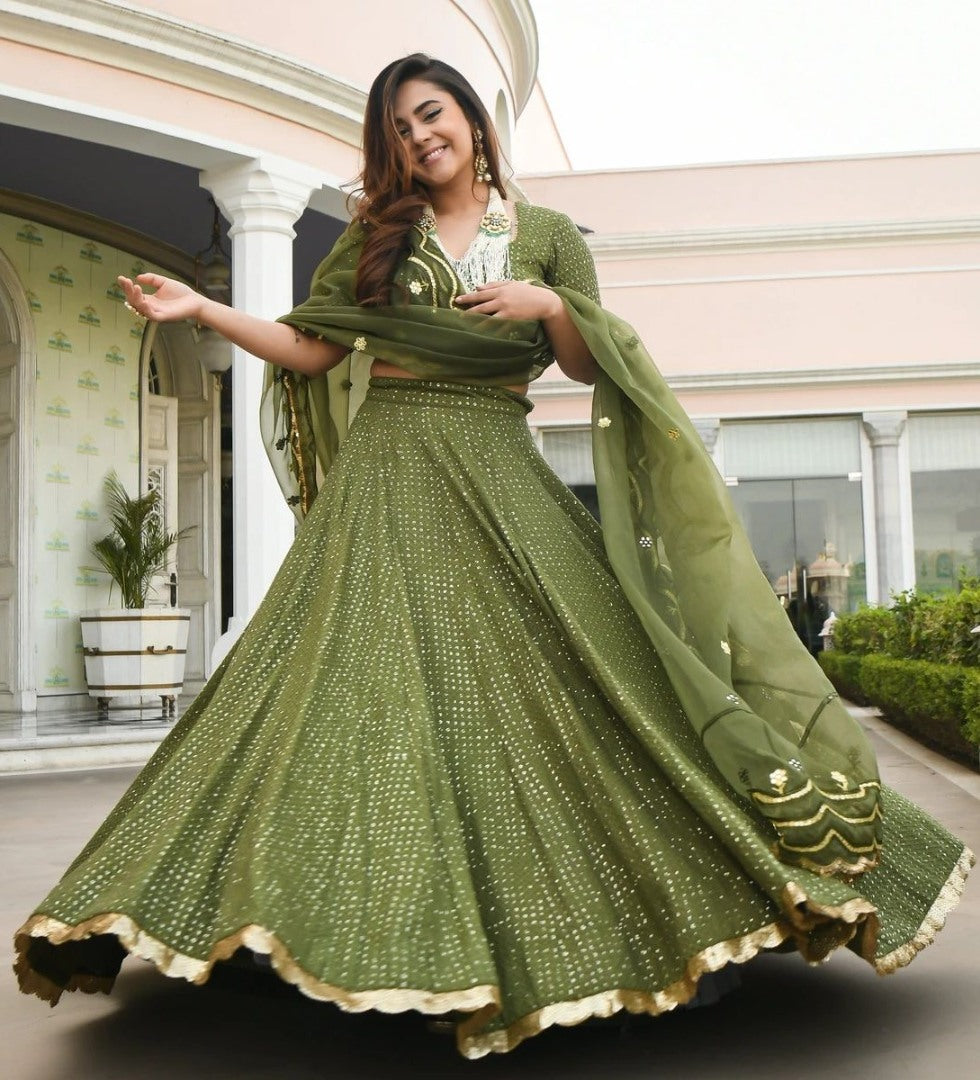 Green georgette thread and sequence work festive lehenga choli