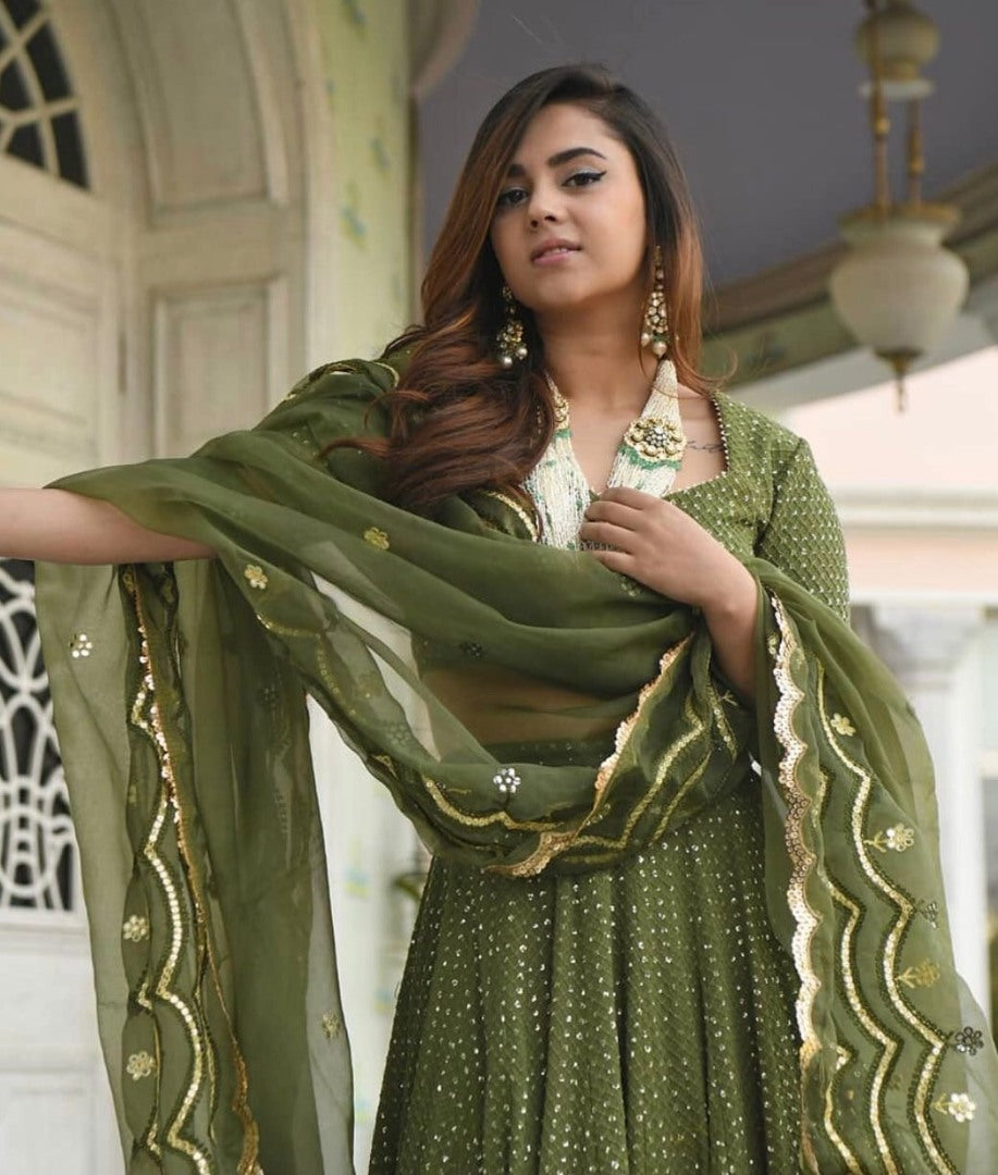 Green georgette thread and sequence work festive lehenga choli