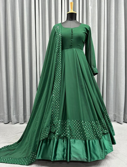 Green georgette thread embroidered party wear anarkali suit