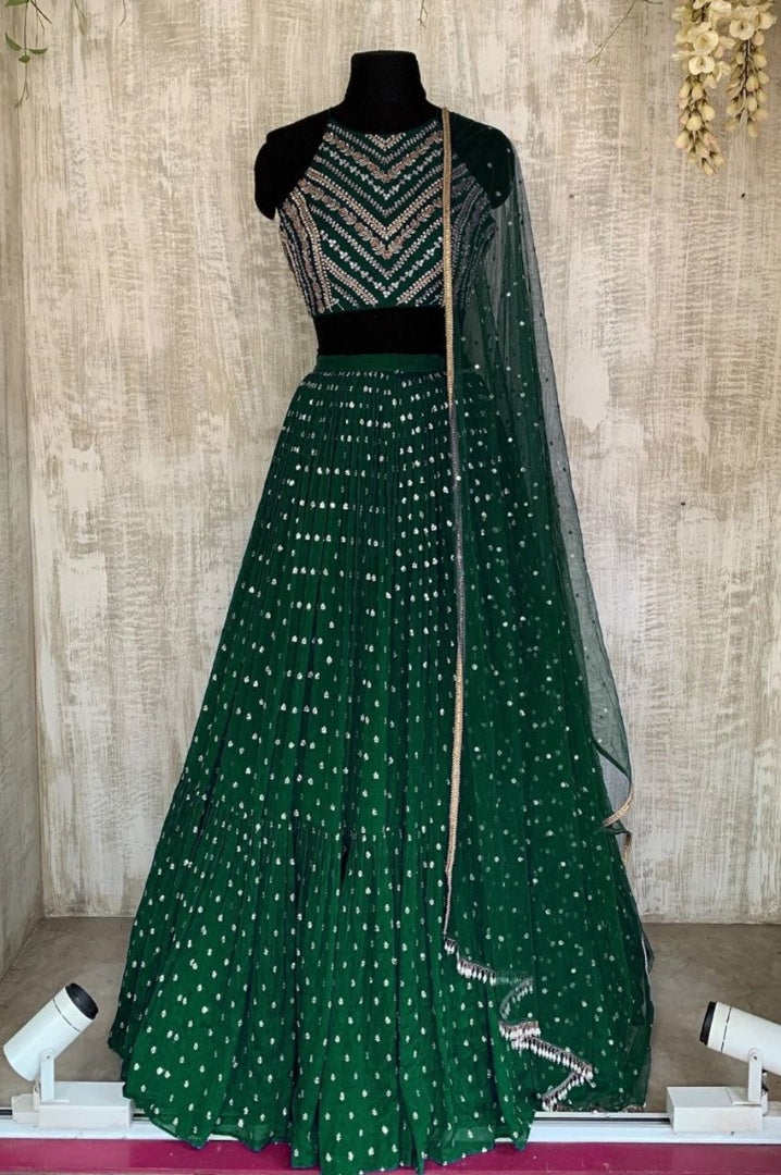 Green georgette thread sequence embroidery work partywear lehenga choli