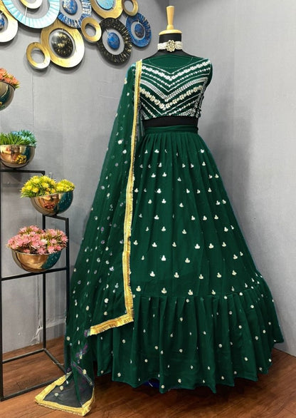 Green georgette thread sequence embroidery work partywear lehenga choli