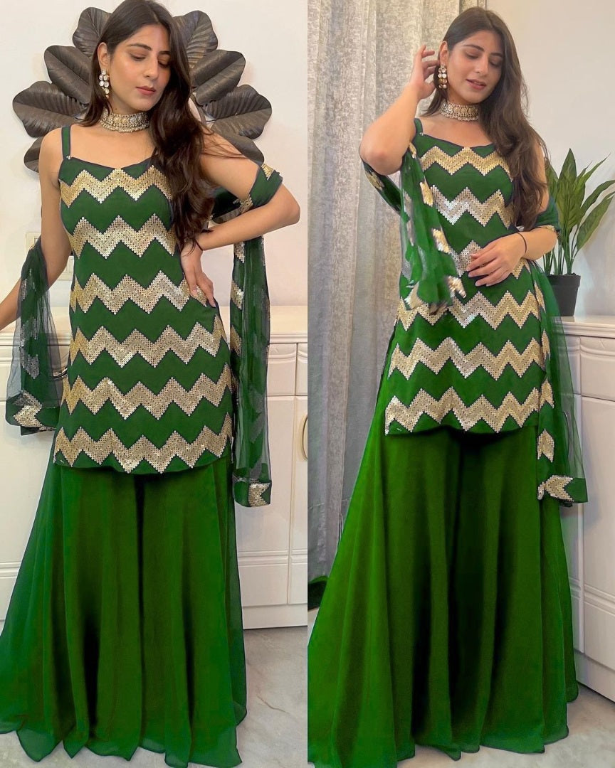 Green georgette thread sequence work sharara suit