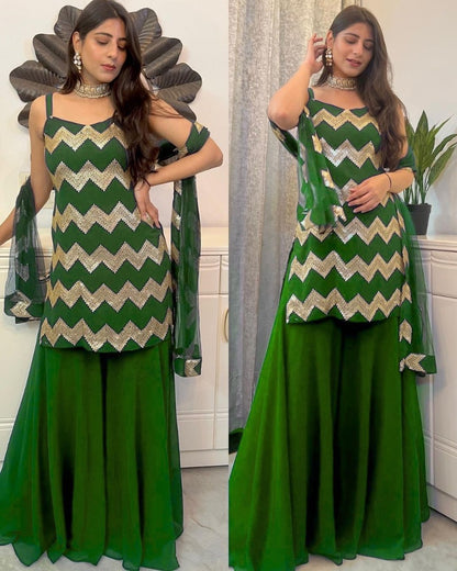 Green georgette thread sequence work sharara suit