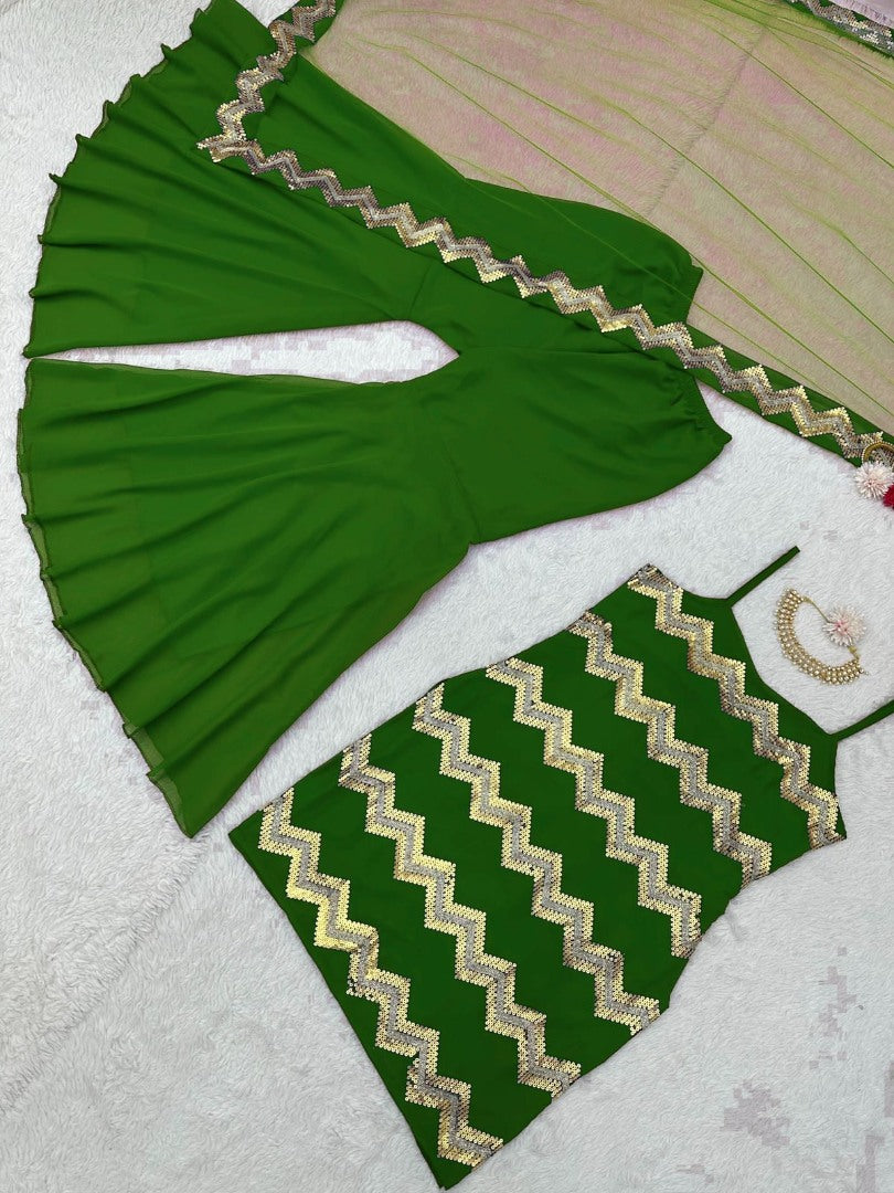 Green georgette thread sequence work sharara suit