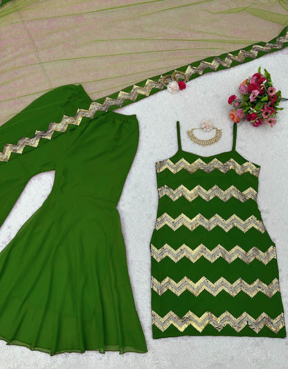 Green georgette thread sequence work sharara suit