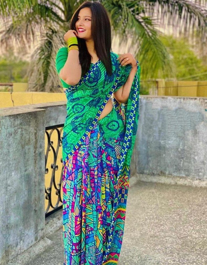 Green georgette with digital printed work saree