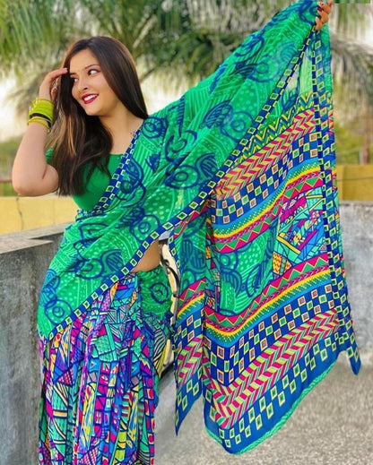 Green georgette with digital printed work saree