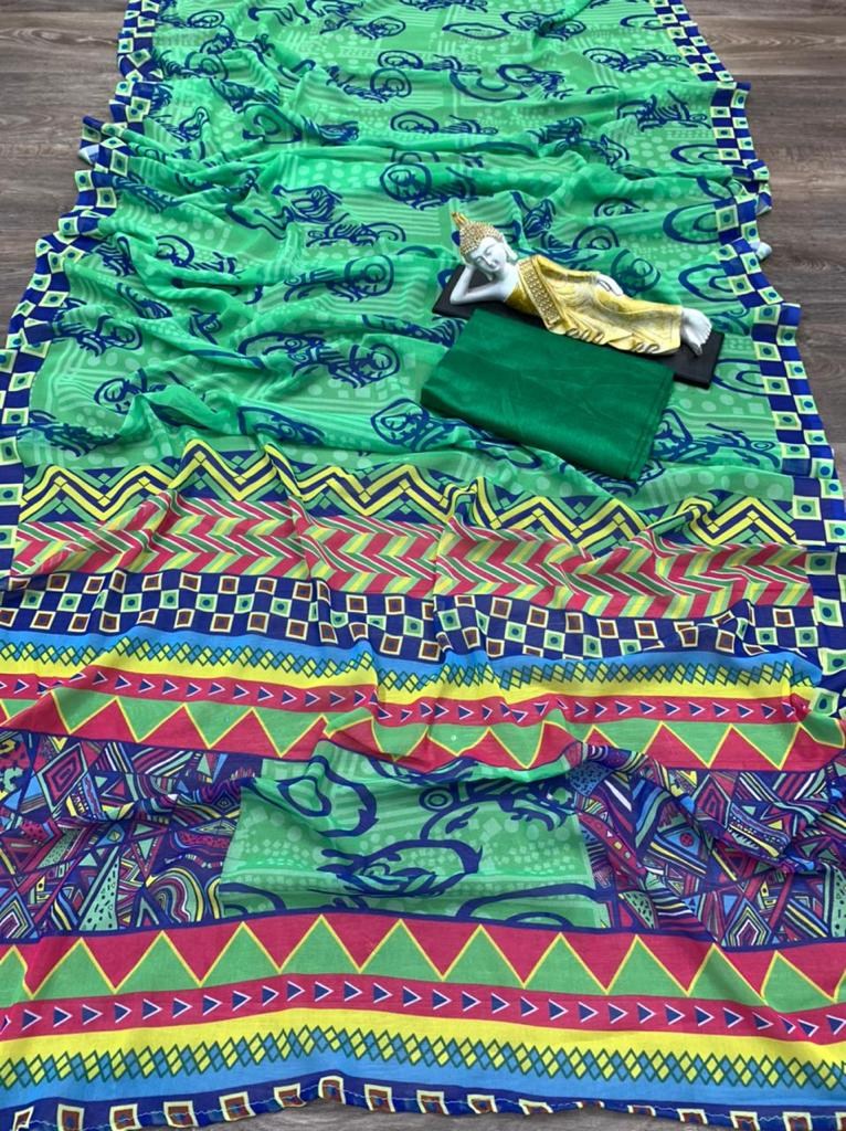 Green georgette with digital printed work saree