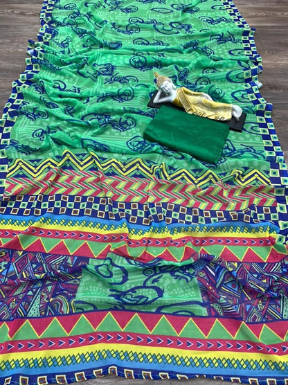Green georgette with digital printed work saree