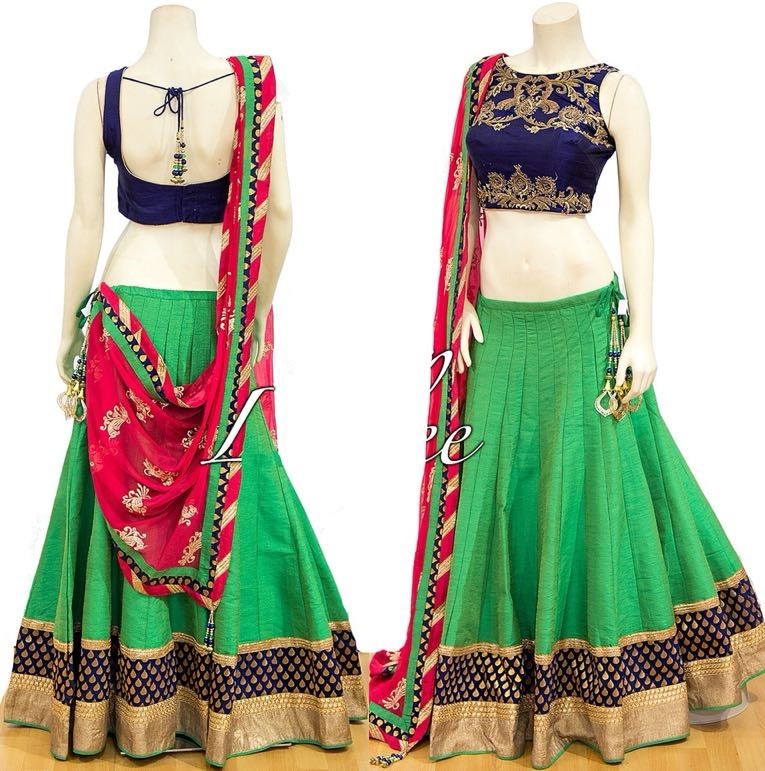 green goldi silk embroidered traditional lehenga choli for navaratri festival
