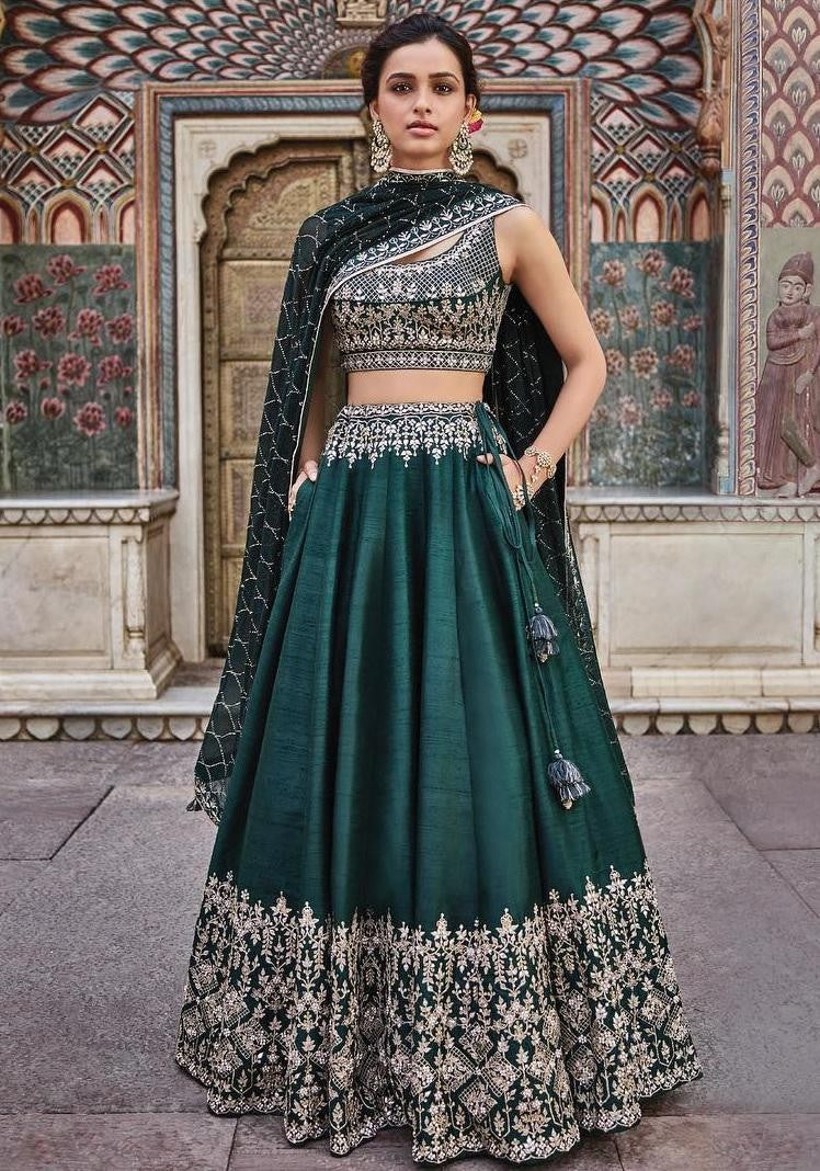 Green goldy silk heavy embroidered designer wedding lehengha