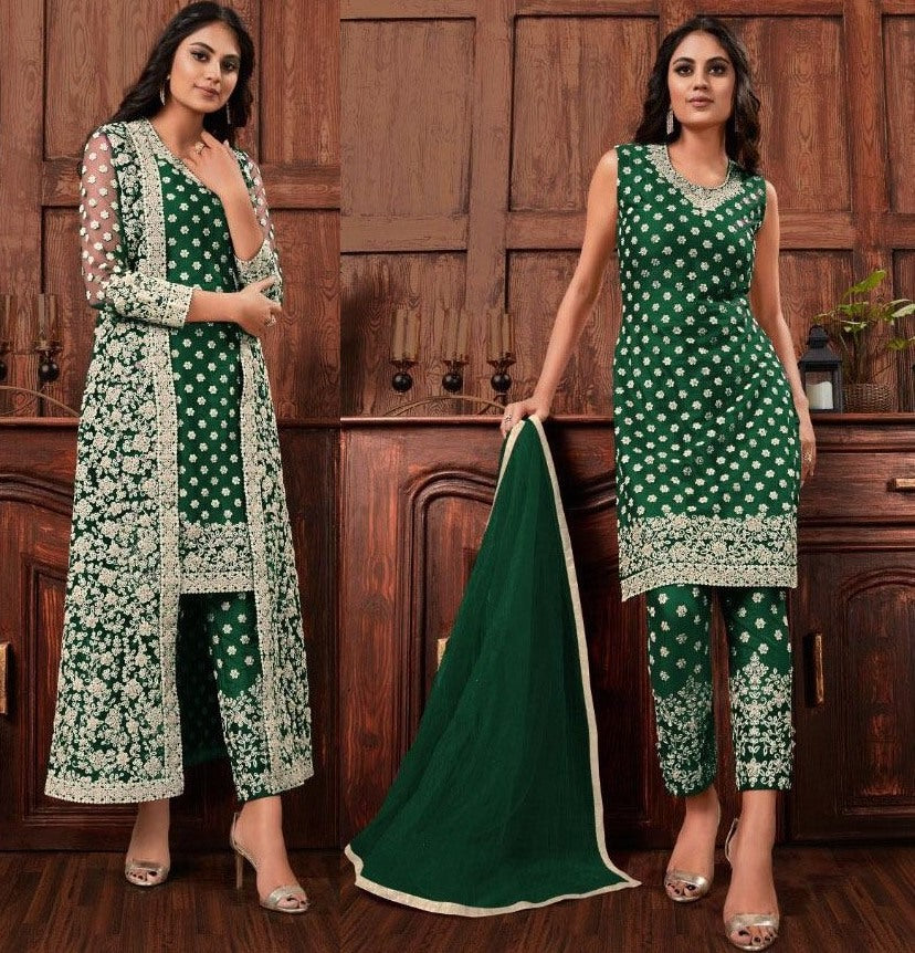 Green harvey vaishnavi net with heavy embroidered salwar suit with koti