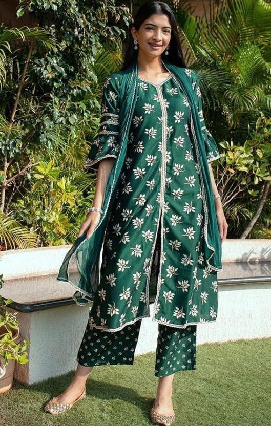 Green heavy butterfly silk digital printed work plazzo suit