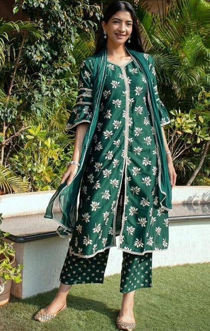 Green heavy butterfly silk digital printed work plazzo suit