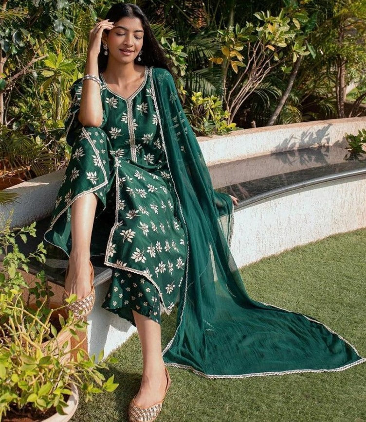 Green heavy butterfly silk digital printed work plazzo suit
