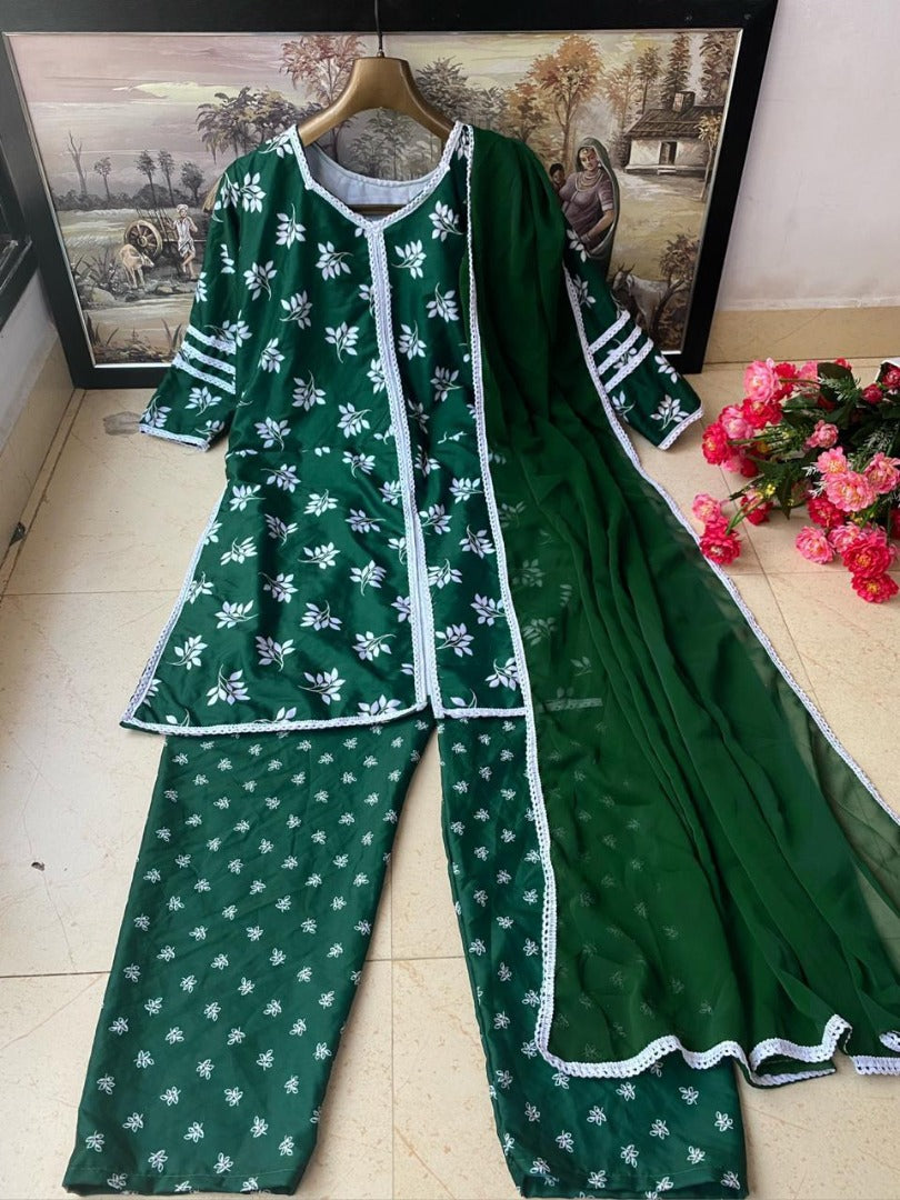 Green heavy butterfly silk digital printed work plazzo suit