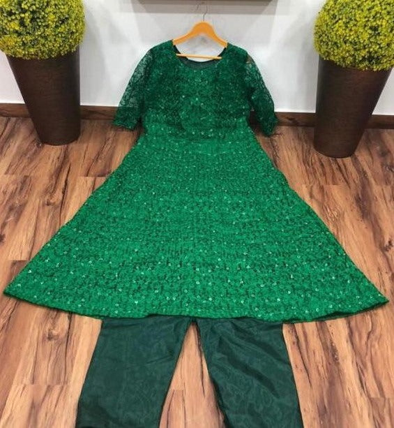 Green Heavy chain stitch embroidery work gown