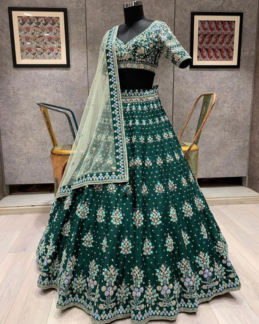 Green heavy embroidered wedding lehenga choli