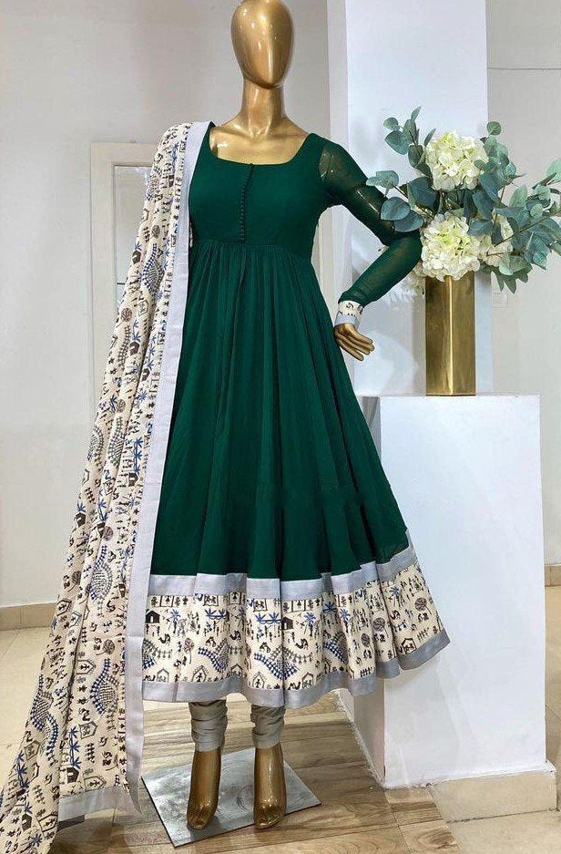 Green heavy georgette digital printed work gown with dupatta