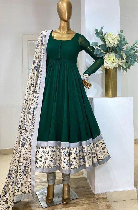 Green heavy georgette digital printed work gown with dupatta