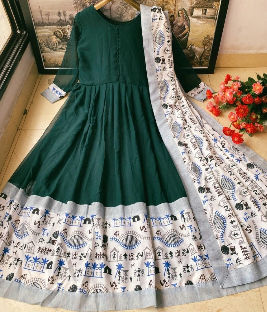Green heavy georgette digital printed work gown with dupatta