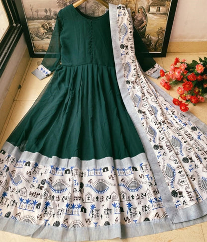 Green heavy georgette digital printed work gown with dupatta