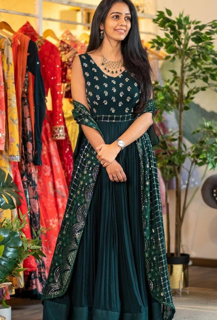 Green heavy georgette embroidered work designer gown