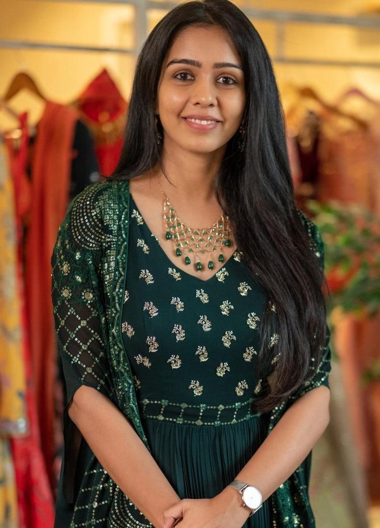 Green heavy georgette embroidered work designer gown