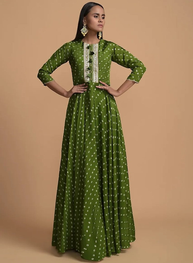 Green heavy maslin digital printed gown
