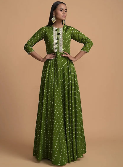 Green heavy maslin digital printed gown