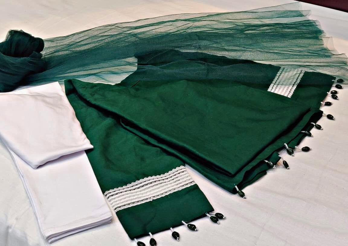 Green heavy slub cotton kurti with dupatta