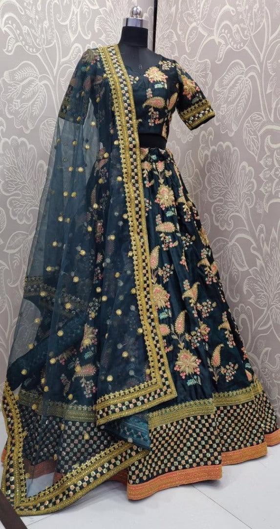 Green heavy tafeta silk designer embroidered bridal lehenga choli