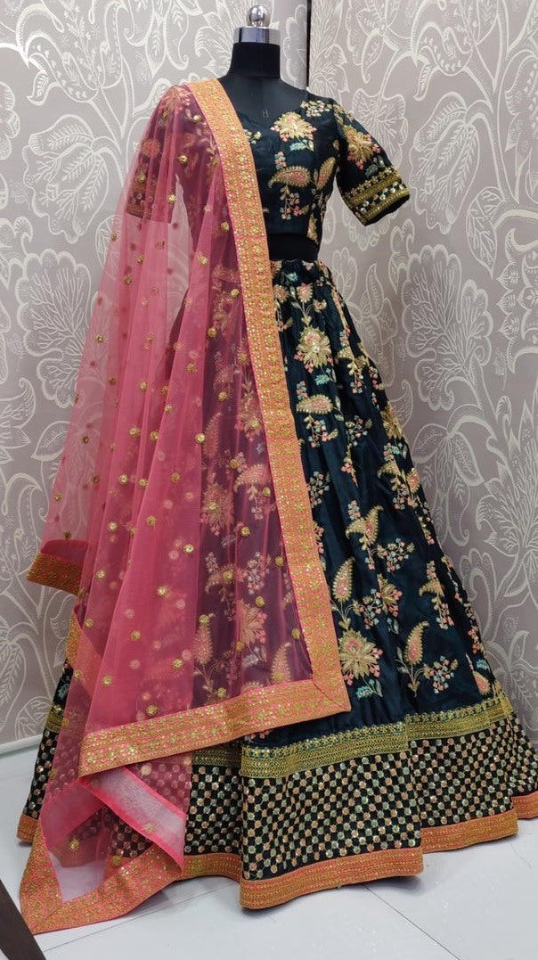 Green heavy tafeta silk designer embroidered bridal lehenga choli