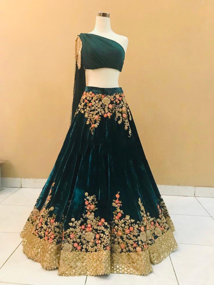 Green heavy velvet designer embroidered ceremonial lehenga choli