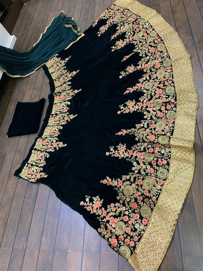 Green heavy velvet designer embroidered ceremonial lehenga choli