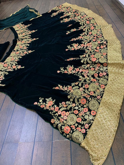 Green heavy velvet designer embroidered ceremonial lehenga choli