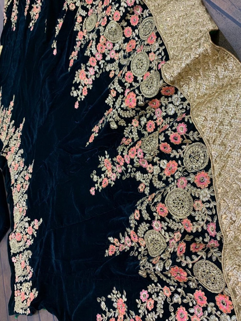 Green heavy velvet designer embroidered ceremonial lehenga choli