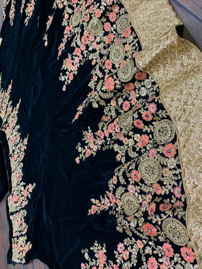 Green heavy velvet designer embroidered ceremonial lehenga choli