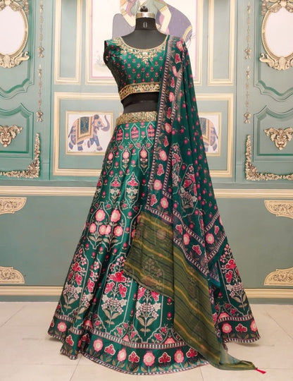 Green italian satin digital printed wedding lehenga choli