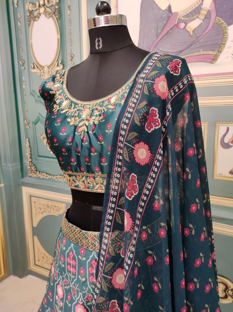Green italian satin digital printed wedding lehenga choli