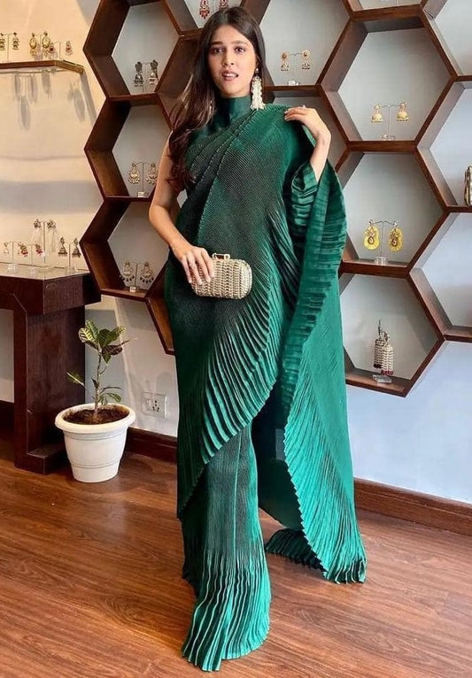 Green japan satin silk pleated partywear saree