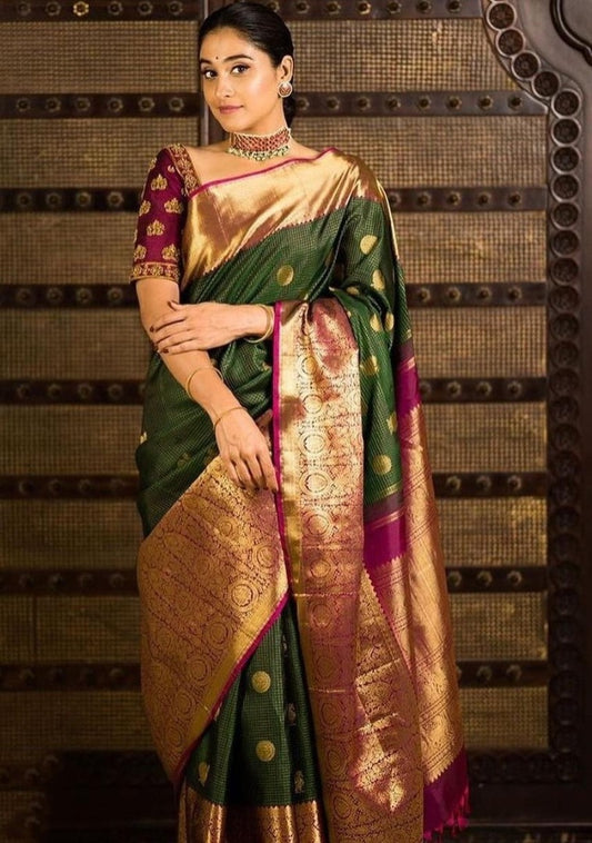 Green kanjiwaram jacquard weaving work ceremonial saree